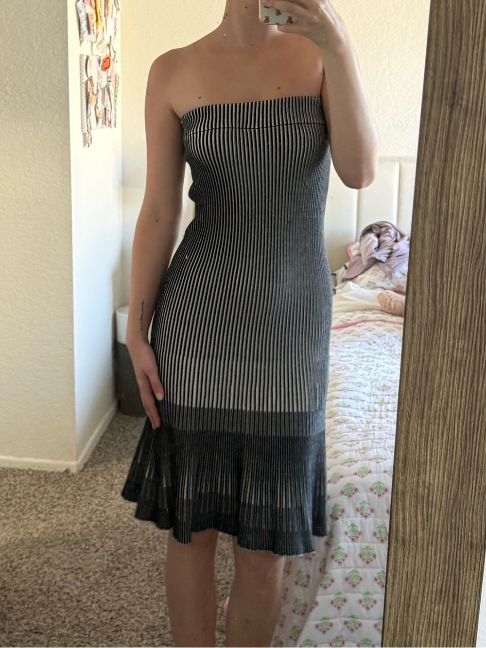 Strapless Black & White Knit Midi Dress
